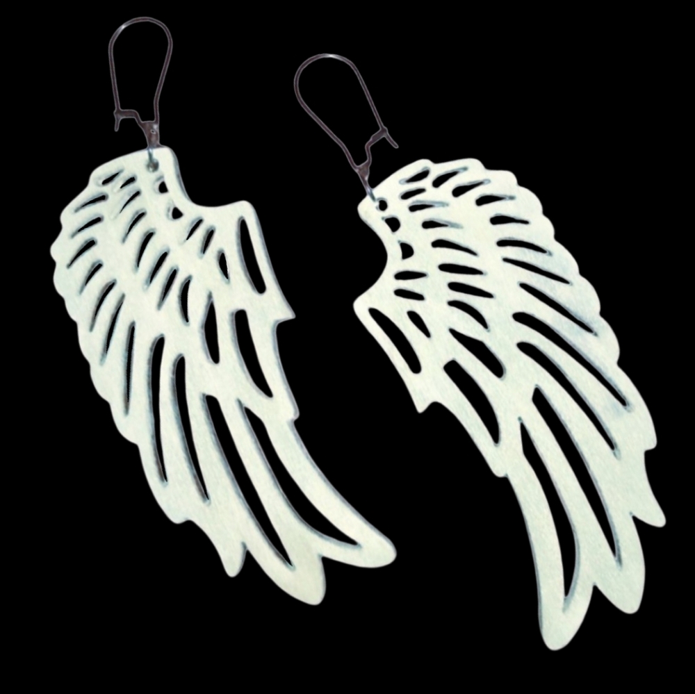 Handpainted Unique Angel Wing Earrings Pale Blue Wood Bird Wings Big Oversized
